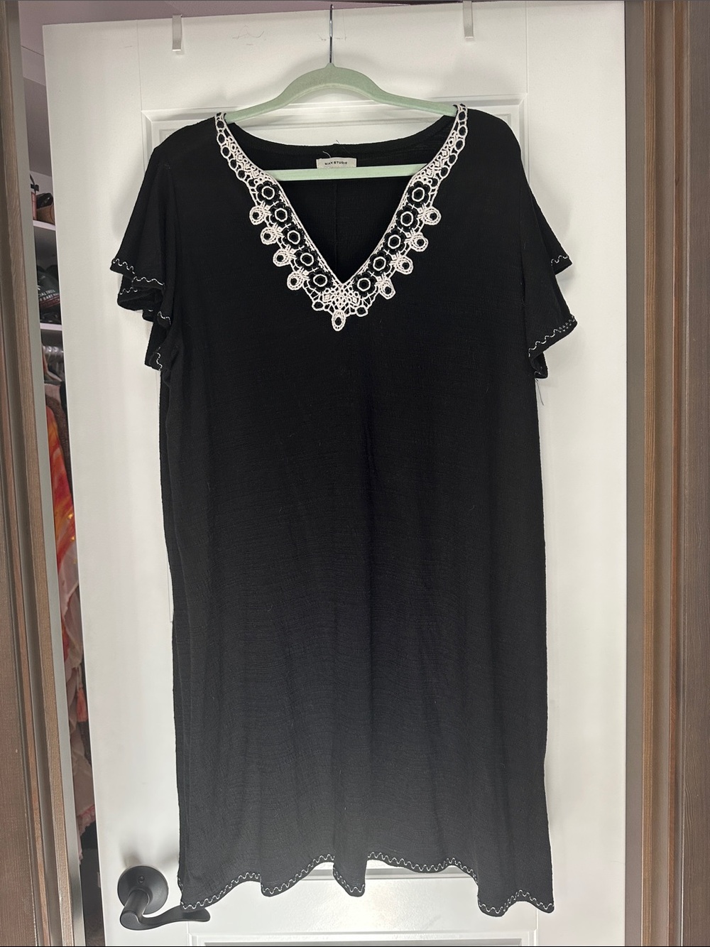 Max Studio Black Coverup with White Lace V-Neck Trim